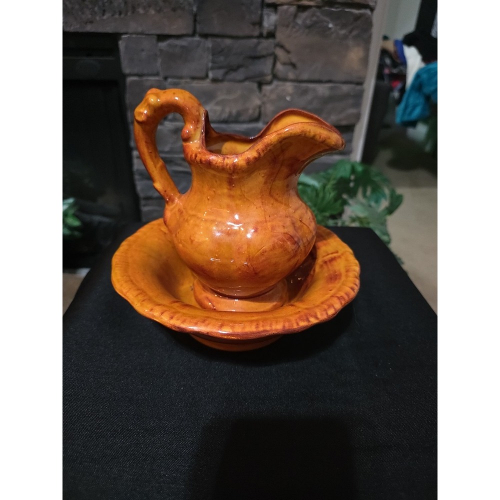 Brown Orange Pottery Pitcher And Bowl Set